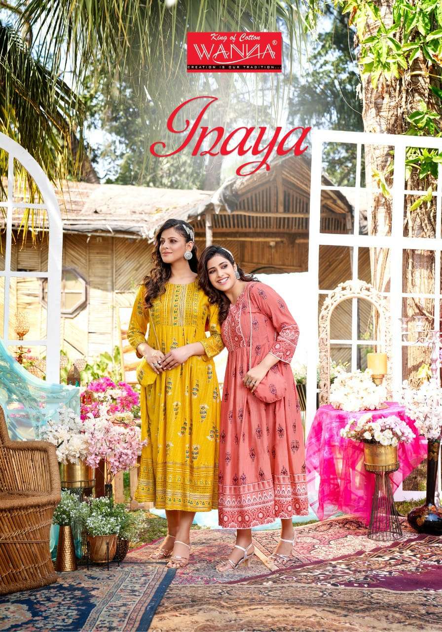 INAYA BY WANNA BRAND RAYON SLUB WITH HEAVY PRINT GOWN LONG KURTI WITH PURSE WHOLESALER AND DEALER