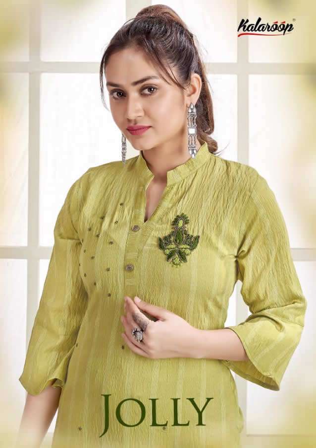 JOLLY BY KALAROOP BRAND FANCY SILK L 2 THOUSAND FABRICS WITH EMBROIDERY WORK CLASSY KURTI WHOLESALER...