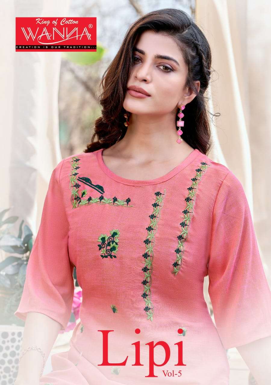 LIPI 5 BY WANNA BRAND FINEST QUALITY OF RAYON PURE QUALITY EMBROIDERY WORK KURTI WHOLESALER AND DEAL...