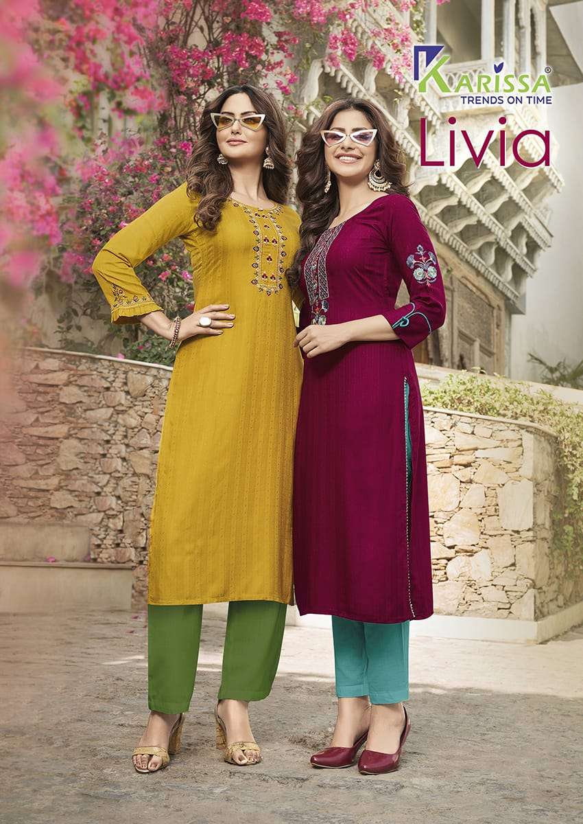 LIVIA BY KARISSA BRAND HEAVY RAYON WEAVING EFFECT THREAD WORK WITH HANDWORK KURTI WHOLESALER AND DEA...