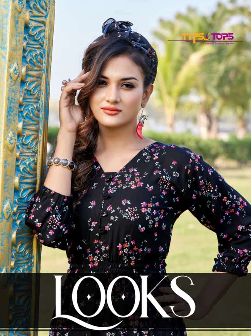 LOOKS BY TIPS & TOPS BRAND HEAVY RAYON WRINKLE PRINT WESTERN WEAR A LINE KURTI WHOLESALER AND DEALER