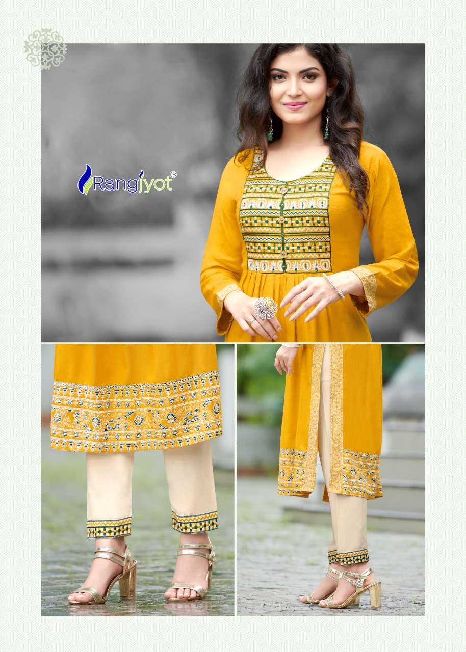 MARIA VOL-1 BY RANGJYOT BRAND PURE RAYON 14 KG EMBROIDERY WORK KURTI WITH RAYON PANT WHOLESALER AND ...