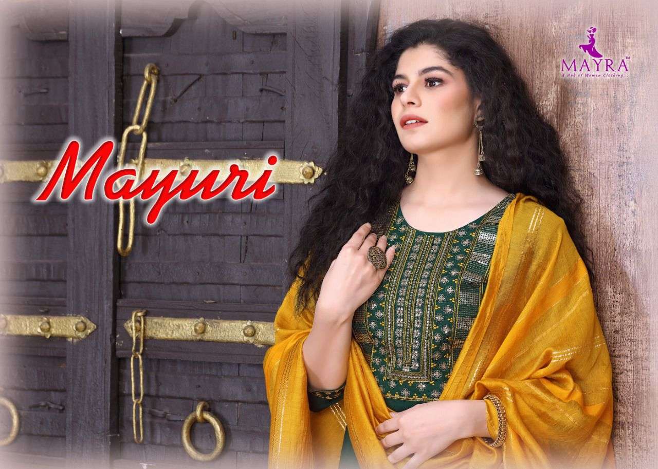 MAYURI BY MAYRA BRAND RAYON SEQUENCE EMBROIDERY WORK KURTI WITH RAYON PANT AND FANCY DUPATTA WHOLESA...