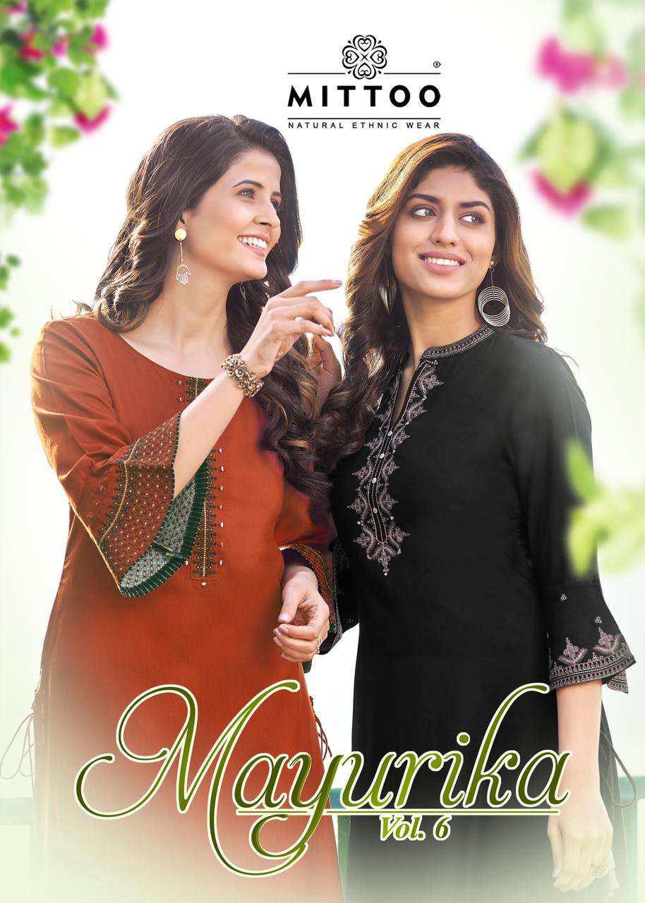 MAYURIKA VOL 6 BY MITTOO BRAND WEAVING RAYON HANDWORK AND EMBROIDERY WORK KURTI WHOLESALER AND DEALE...