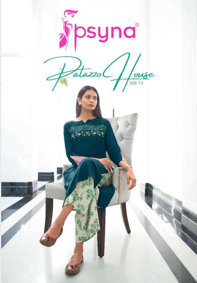 PALAZZO HOUSE -13 BY PSYNA BRAND RAYON SLUB DYED HANDWORK KURTI WITH RAYON PRINTED PALAZZO WHOLESALE...