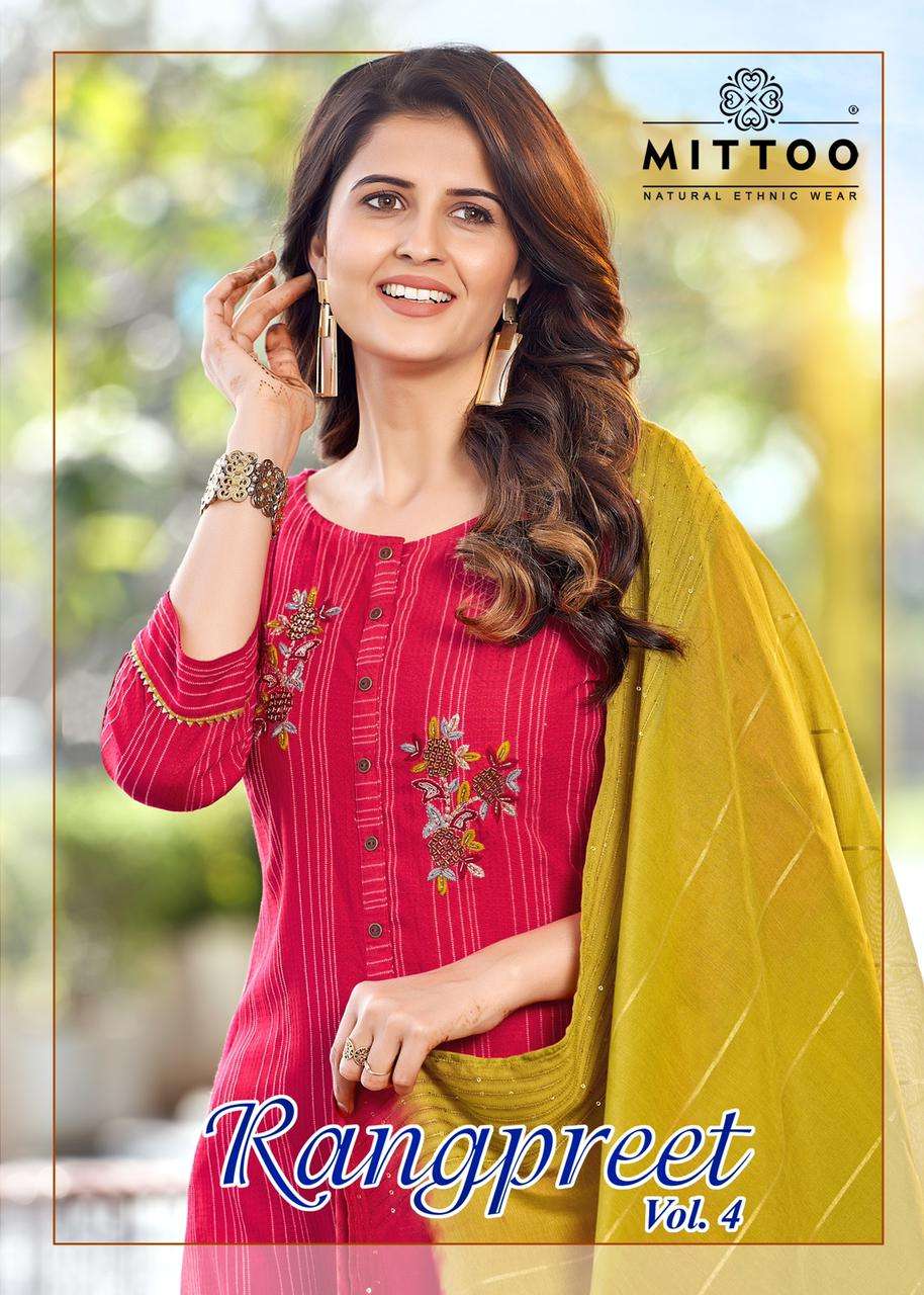 RANGPREET VOL 4 BY MITTOO BRAND RAYON EMBROIDERY AND HAND WORK KURTI WITH COTTON PANT AND SEQUANCE D...