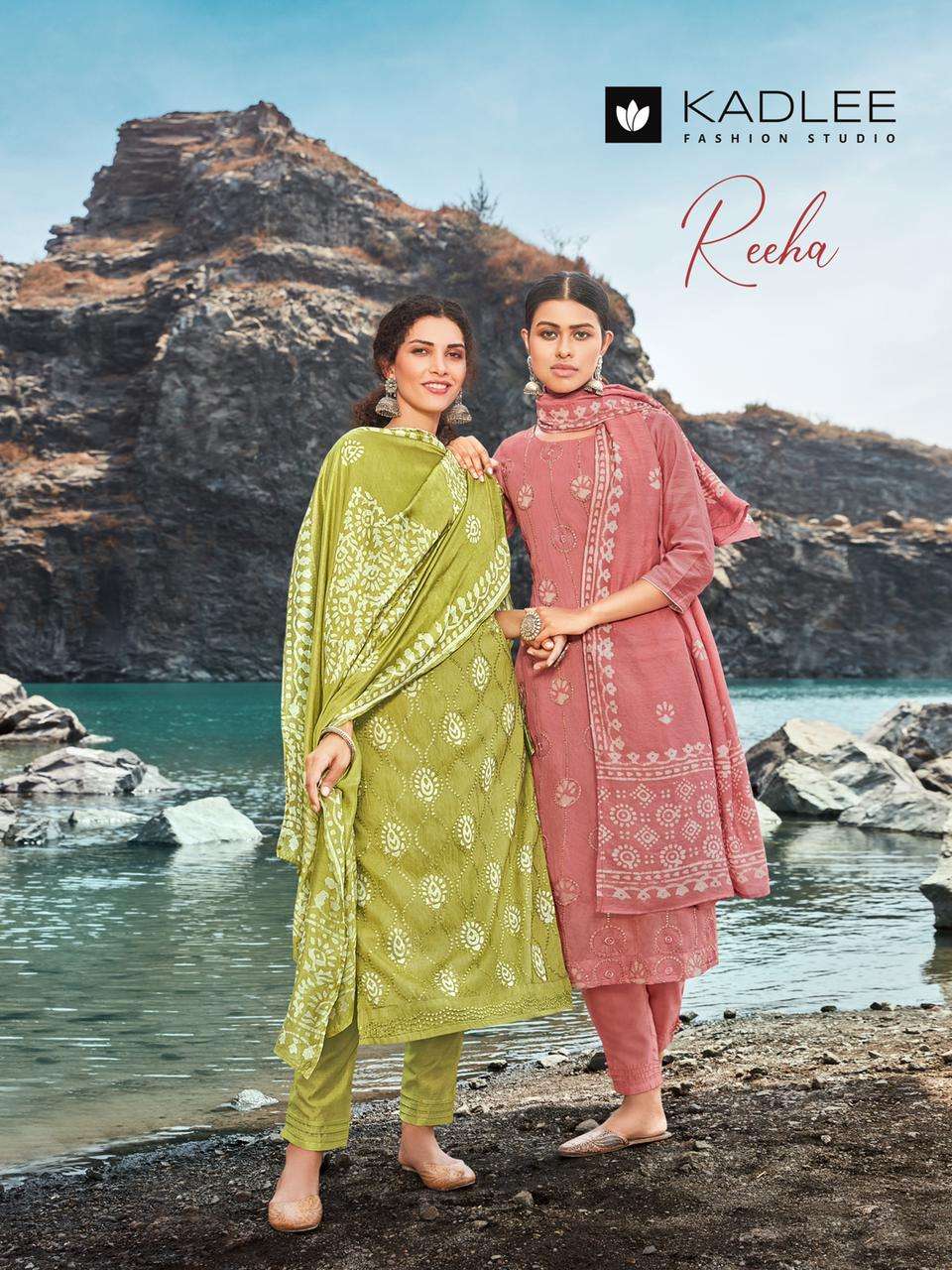 REEHA BY KADLEE BRAND CHANDERI VISCOSE HANDWORK AND BATIQUE PRINT KURTI WITH PANT AND PRINTED DUPATT...