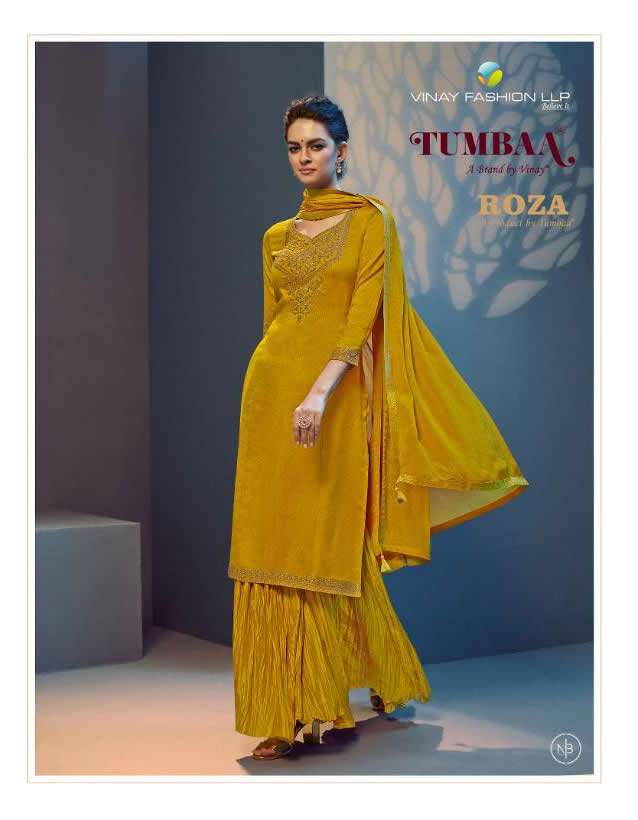 ROZA BY VINAY TUMBAA BRAND GEORGETTE HABDWORK KURTI WITH SILK DUPATTA AND FANCY SHARARA WHOLESALER A...