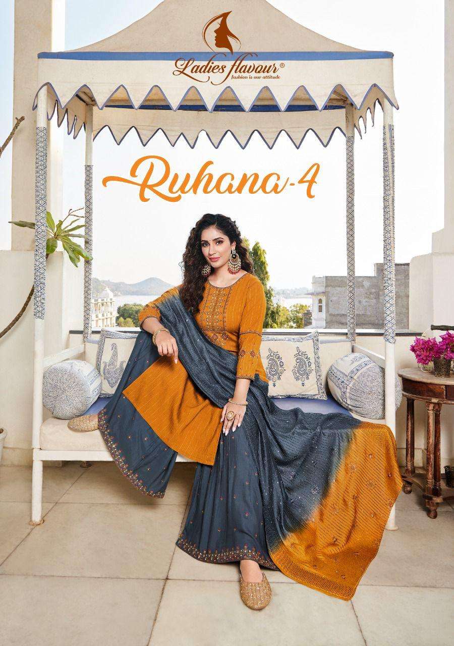 RUHANA VOL 4 BY LADIES FLAVOUR BRAND VISCOSE EMBROIDERY WORK KURTI WITH VISOSE SLUB SHARARA AND CHAN...