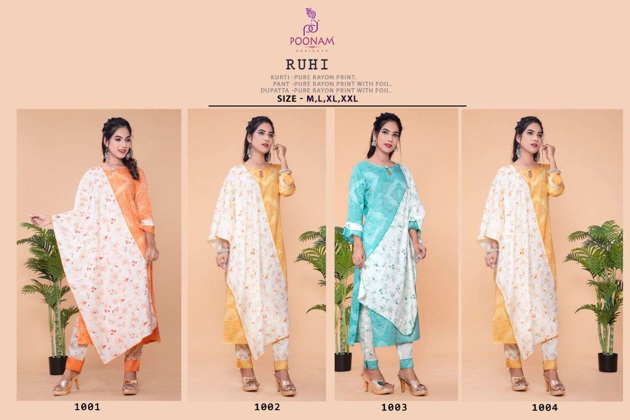 RUHI BY POONAM DESIGNER BRAND RAYON FOIL PRINT KURTI WITH FOIL TOUCH UP PANT AND RAYON FOIL PRINT DU...