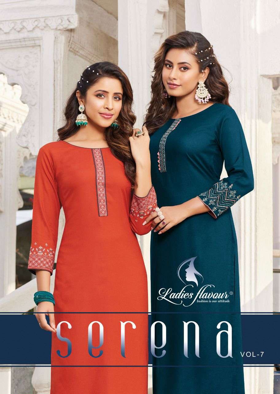 SERENA VOL-7 BY LADIES FLAVOUR BRAND 14 KG RAYON WITH HEAVY EMBROIDERY WORK STRAIGHT KURTI WHOLESALE...