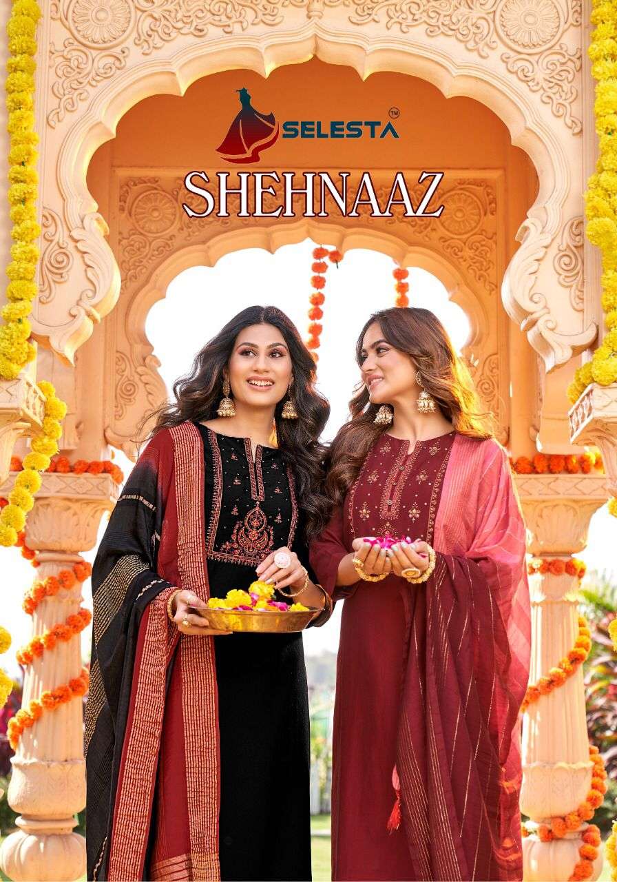 SHEHNAAZ BY SELESTA BRAND PURE CHINON SILK KURTI WITH FANCY NAYLON VISCOSE DUPATTA DUPATTA WHOLESALE...