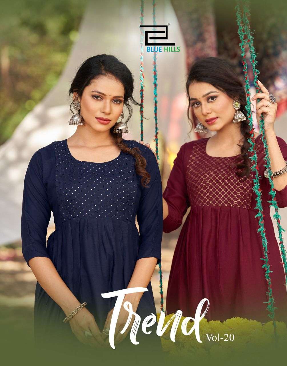 TREND VOL 20 BY BLUE HILLS BRAND RAYON TWO TONE FOIL PRINT FROCK STYLE KURTI WHOLESALER AND DEALER