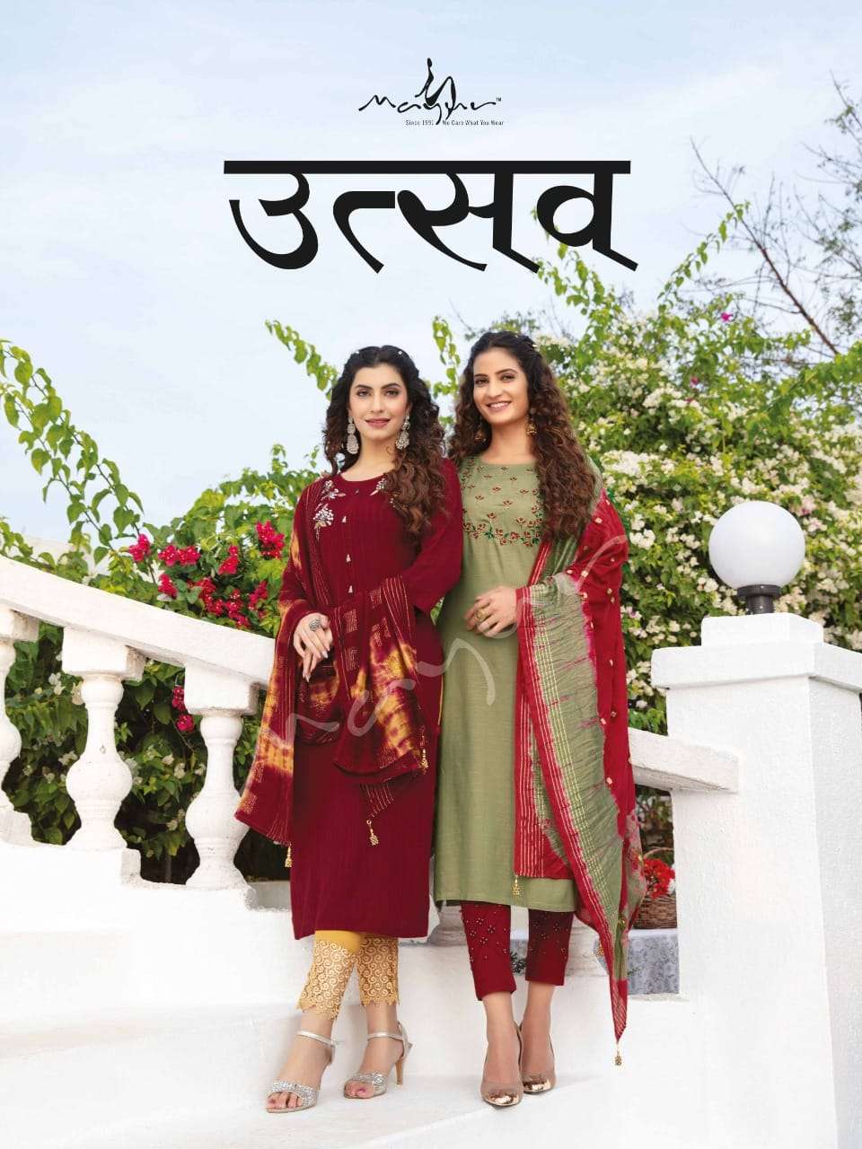 UTSAV BY MAYUR BRAND RAYON EMBROIDERY WORK KURTI WITH STRETCH PANT AND DESIGNER BANDHEJ DUPATTA WHOL...