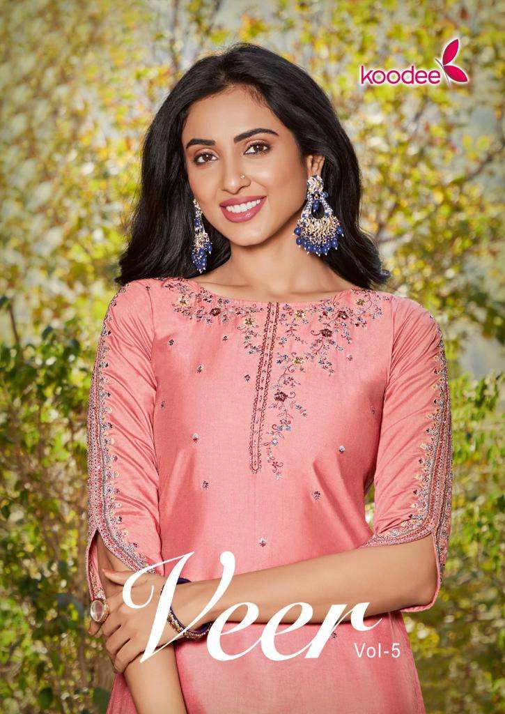 VEER VOL 5 BY KOODEE BRAND VISCOSE EMBROIDERY AND KHATLI WORK KURTI WITH HEAVY SLEEVE CONCEPT WHOLES...