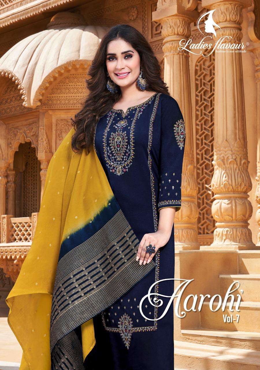 AAROHI VOL 7 BY LADIES FLAVOUR BRAND CHINON EMBROIDERY SEQUNCE WORK KURTI WITH CHINON PANT AND VISCO...