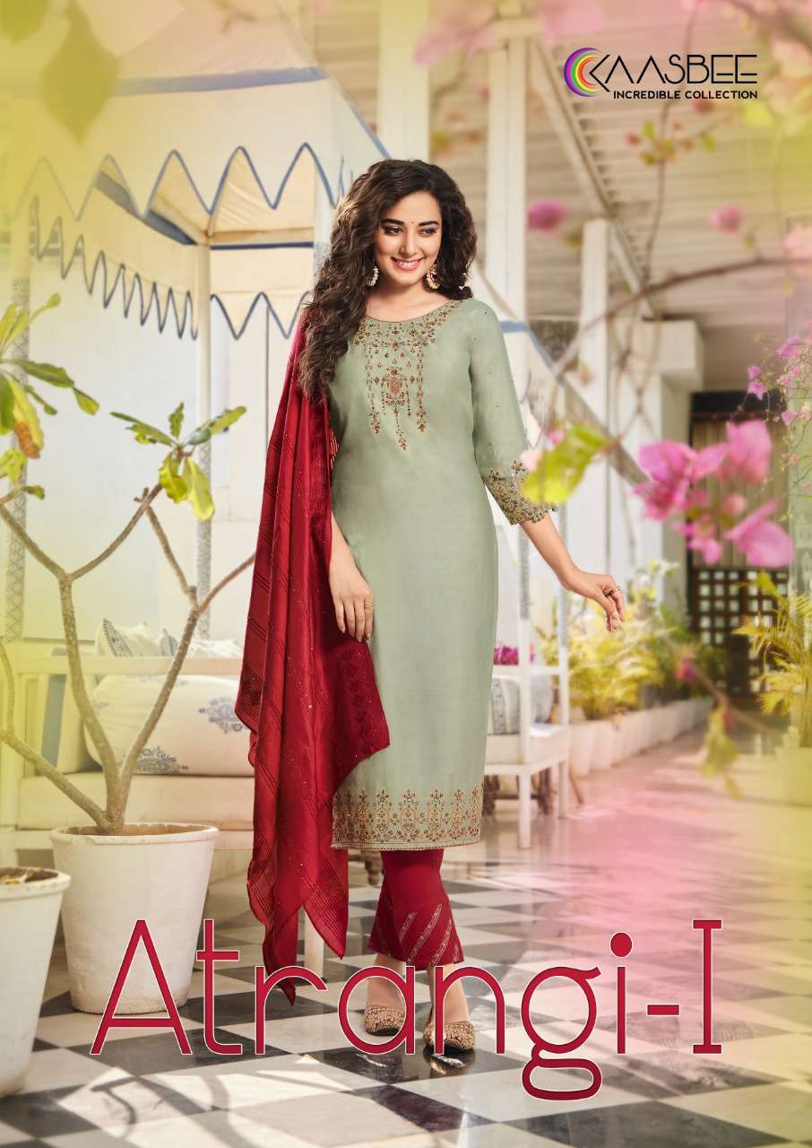 ATRANGI-1 BY KASBEE BRAND CHINON EMBROIDERY AND KHATLI WORK KURTI WITH COTTON SLUB LYCRA PANT AND NY...