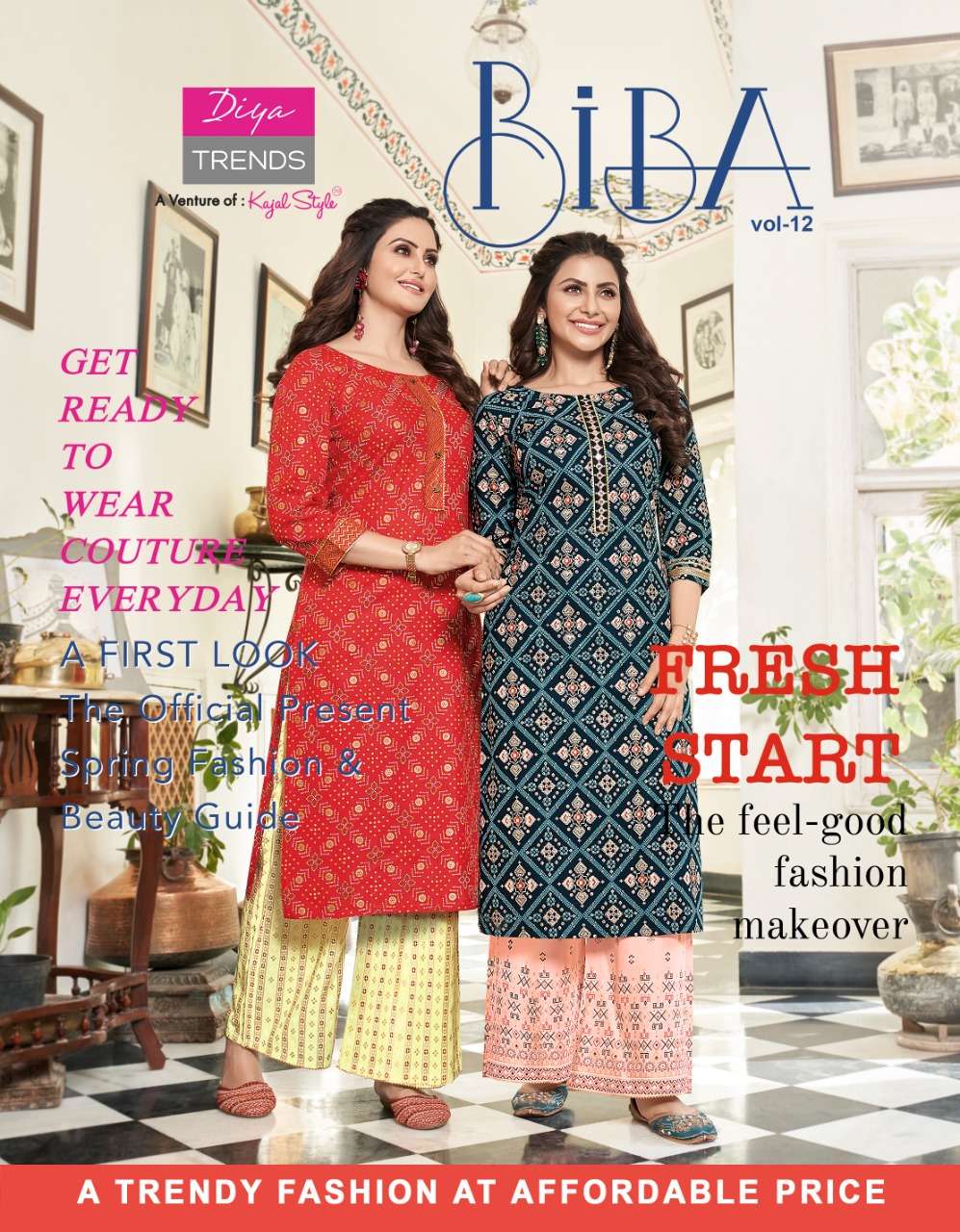 BIBA’S VOL 12 BY DIYA TRENDS BRAND HEAVY RAYON CLASSY GOLD PRINTS KURTI WITH PLAZZO AND PANT PAIR ...