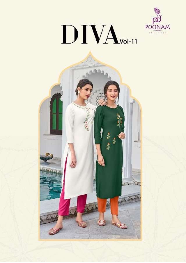 DIVA VOL-11 BY POONAM DESIGNER BRAND 17KG PURE RAYON WITH EMBROIDERY WORK STRIGHT KURTI WHOLESALER A...