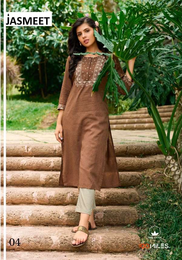 JASMEET BY 100 MILES BRAND PURE LINEN COTTON HEAVY CROSS STITCH WORK KURTI WHOLESALER AND DEALER