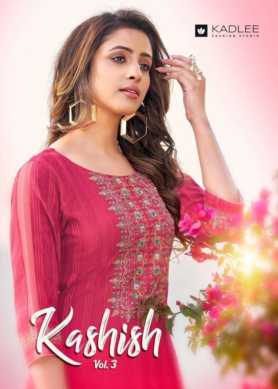 KASHISH VOL 3 BY KADLEE RAYON WEAVING STRIPS WITH FANCY HANDWORK KURTI WHOLESALER AND DEALER