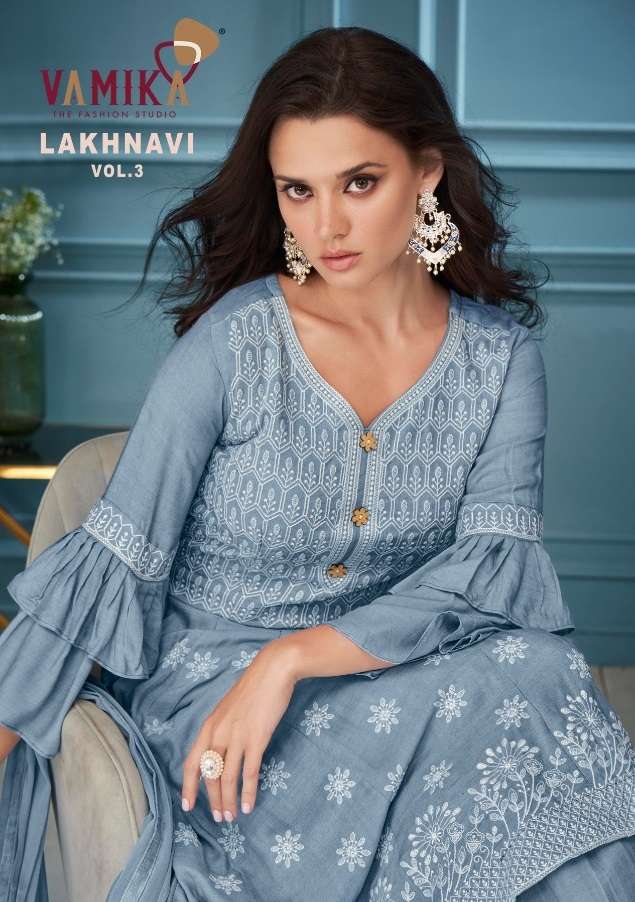 LAKHNAVI VOL.3 BY VAMIKA BRAND RAYON WHITE THREAD WOTK KURTI WITH RAYON PLAZO AND NAZMIN DUPATTA WHO...