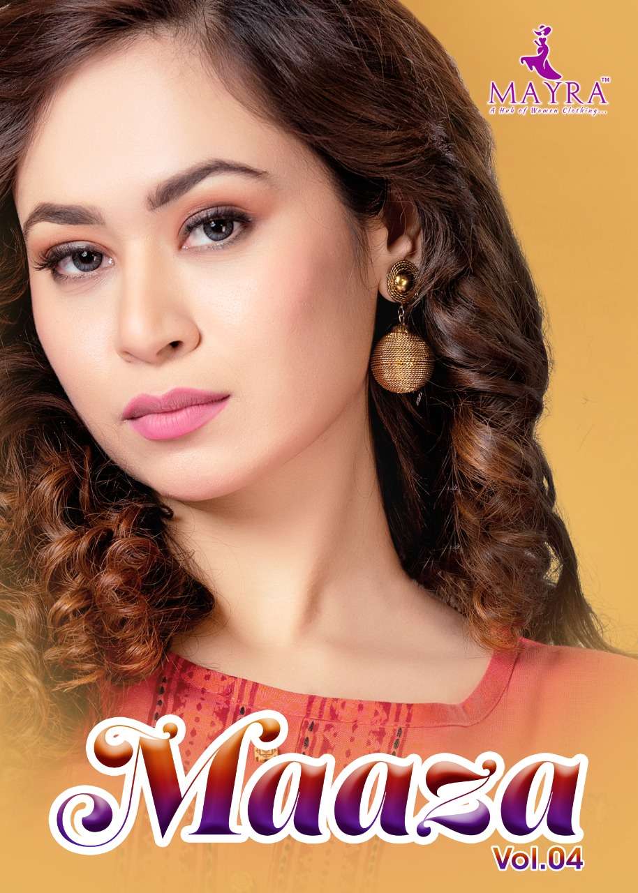 MAAZA VOL-4 BY MAYRA BRAND RAYON TOW TON WITH BLOCK AND SCREEN WITH HAND WORK FROCK STYLE KURTI WHOL...