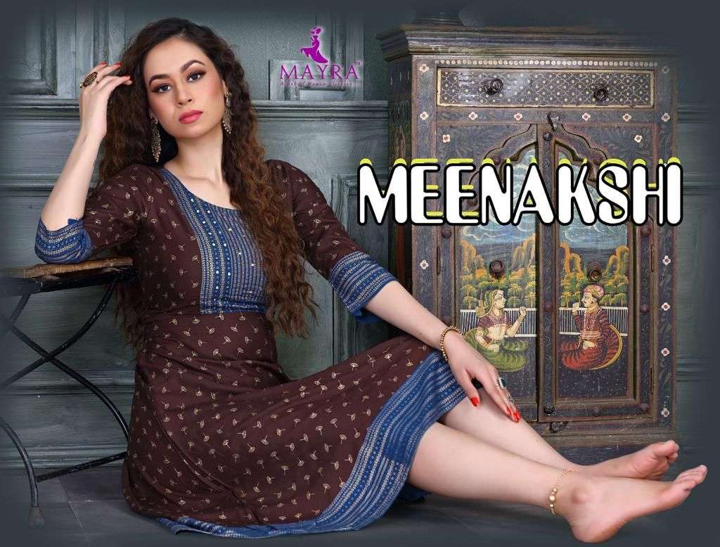 MEENAKSHI BY MAYRA BRAND RAYON 14KG GOLD PRINT WITH SEQUENCE AND HANDWORK KURTI WHOLESALER AND DEALE...