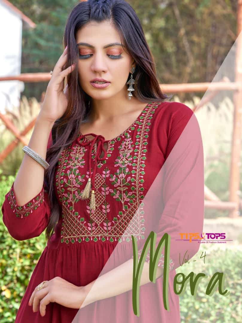 MORA VOL 04 BY TIPS & TOPS BRAND PARTY WEAR HEAVY RAYON HAND WORK LONG GOWN KURTI WHOLESALE AND DEAL...