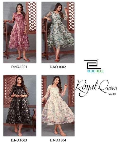 ROYAL QUEEN 1 BY BLUE HILLS BRAND FANCY ORGANZA PRINTED FROCK STYLE LONG KURTI WHOLESALER AND DEALER