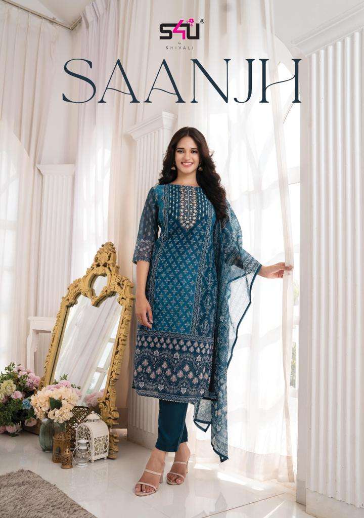 SAANJH BY S4U BY SHIVALI BRAND CHANDERI PRINTED KURTI WIRH CHANDERI PANT AND DIGITAL PRINT DUPATTA W...