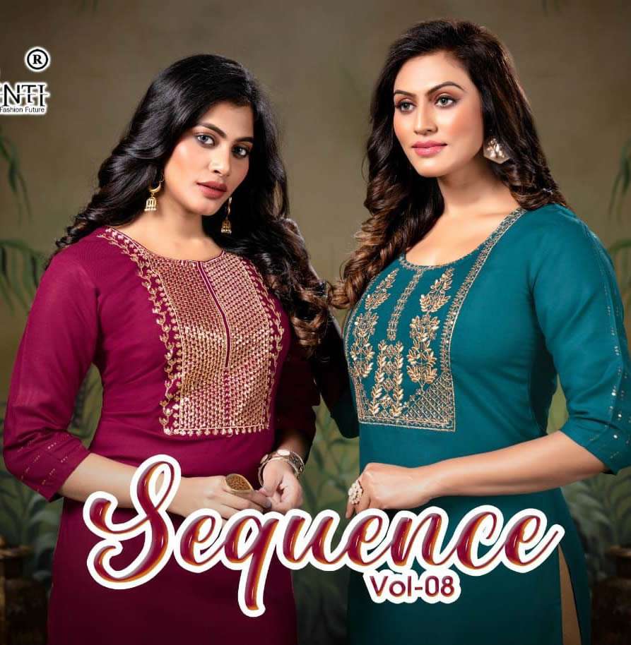 SEQUENCE 8 BY KINTI BRAND HEAVY RAYON SEQUENCE EMBROIDERY WORK STRAIGHT SIDE OPEN KURTI WHOLESALER A...