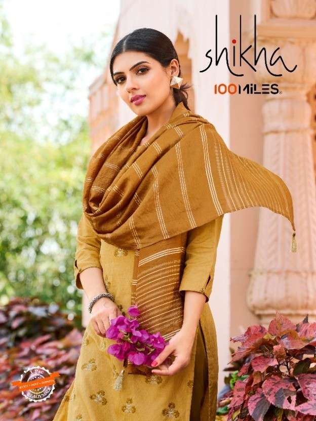 SHIKHA BY 100 MILES BRAND PURE COTTON JAQUARD EMBROIDERED KURTI WITH LACE DETAILING PANT AND RAPIER ...