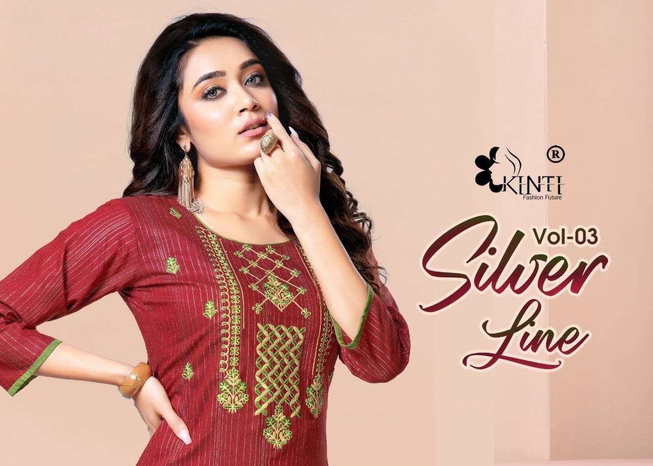 SILVER LINE 3 BY KINTI BRAND HANDLOOM COTTON LUREX FANCY EMBROIDERY WORK STRAIGHT KURTI WHOLESALER A...