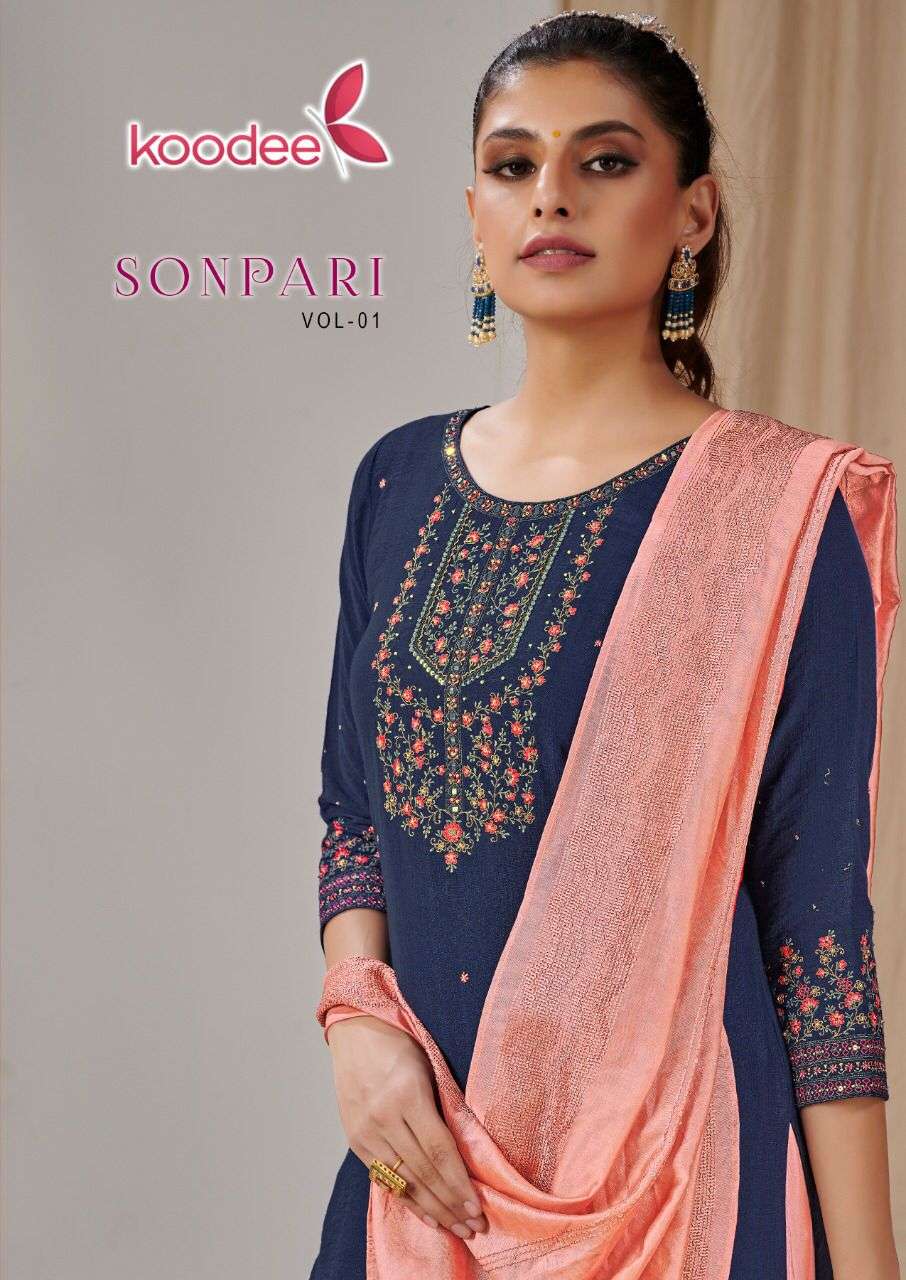 SONPARI 1 BY KOODEE BRAND FANCY VISCOSE STRIPE KURTI WITH ZARI WORK SHARARA AND FANCY SEQUENCE WORK ...