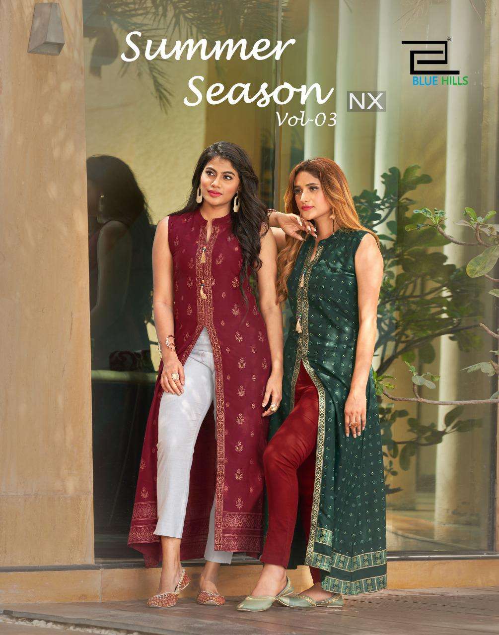 SUMMER SEASON VOL - 3NX BY BLUE HILLS BRAND 14KG RAYON FOIL PRINT CENTRE CUT CONCEPT LONG KURTI WHOL...