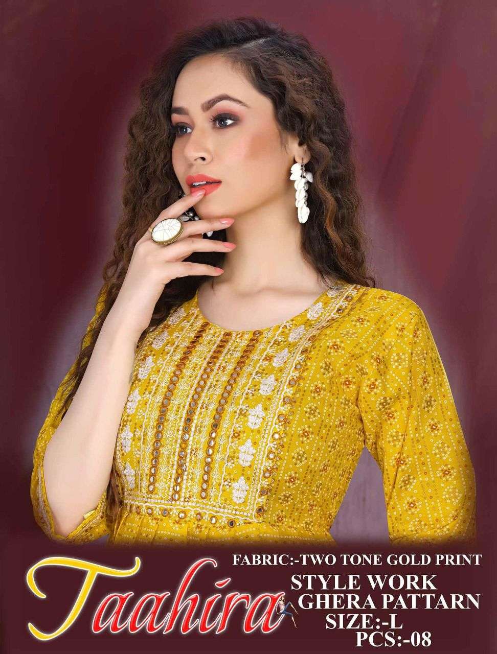 TAAHIRA BY S3FOREVER BRAND HEAVY RAYON TWO TONE GOLD PRINTGHERA STYLE KURTI WHOLESALER AND DEALER