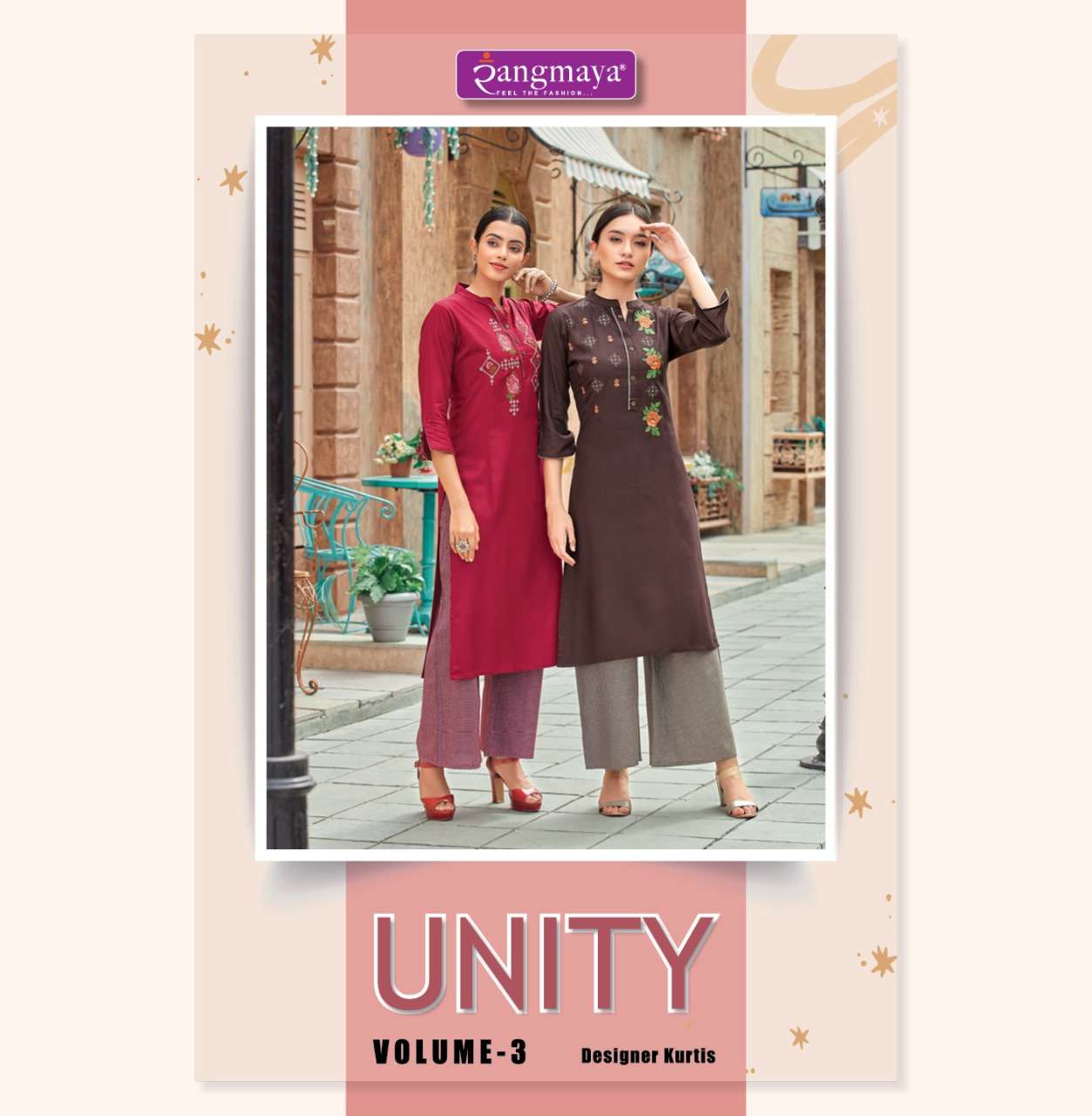 UNITY VOL-3 BY RANGMAYA RAYON EMBROIDERY WORK KURTI WITH PRINTED PLAZO WHOLESALER AND DEALER