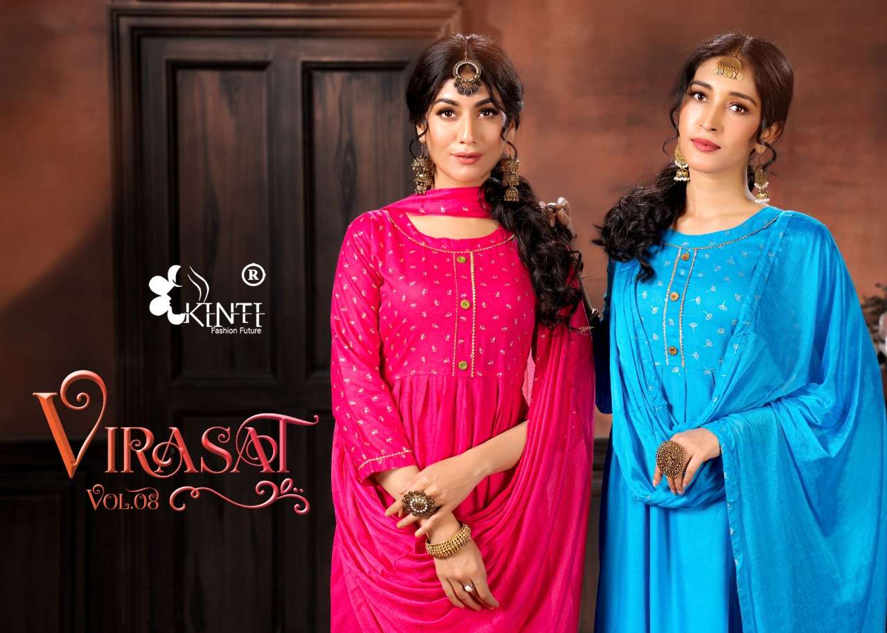 VIRASAT VOL 8 BY KINTI BRAND HEAVY RAYON WITH FOIL PRINT KURTI WITH CHINNON LACE WORK DUPATTA WHOLES...