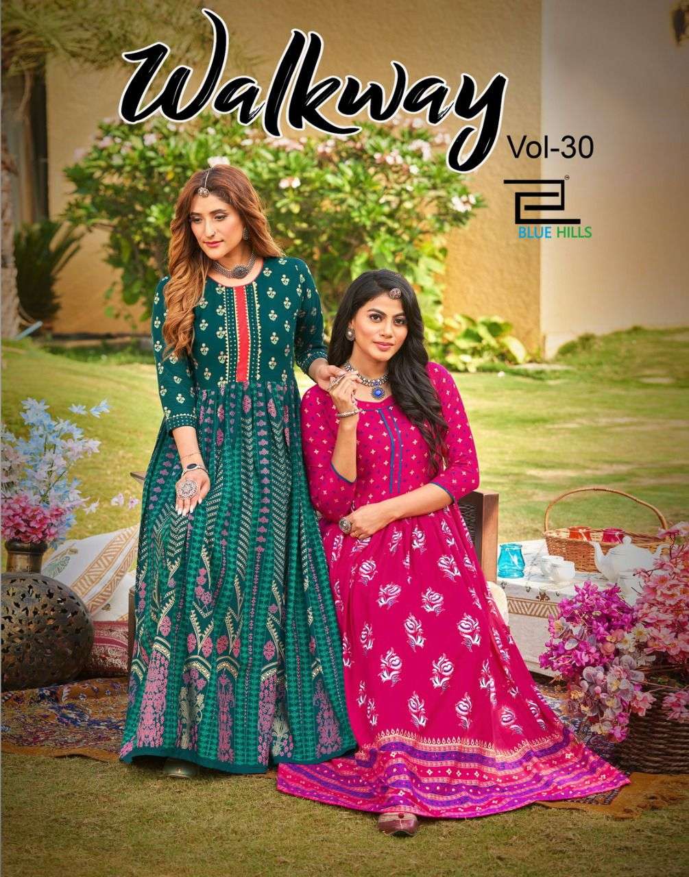  WALKWAY VOL 30 BY BLUE HILLS BRAND 14KG RAYON FOIL PRINT LONG GOWN WITH STYLES NECK KURTI WHOLESALE...