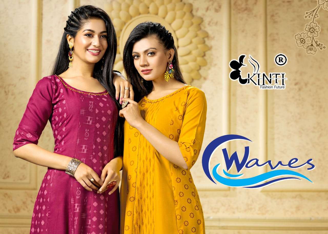 WAVES BY KINTI BRAND 14KG RAYON FRILL KALI MODEL SCREEN PRINT FROCK STYLE KURTI WHOLESALER AND DEALE...