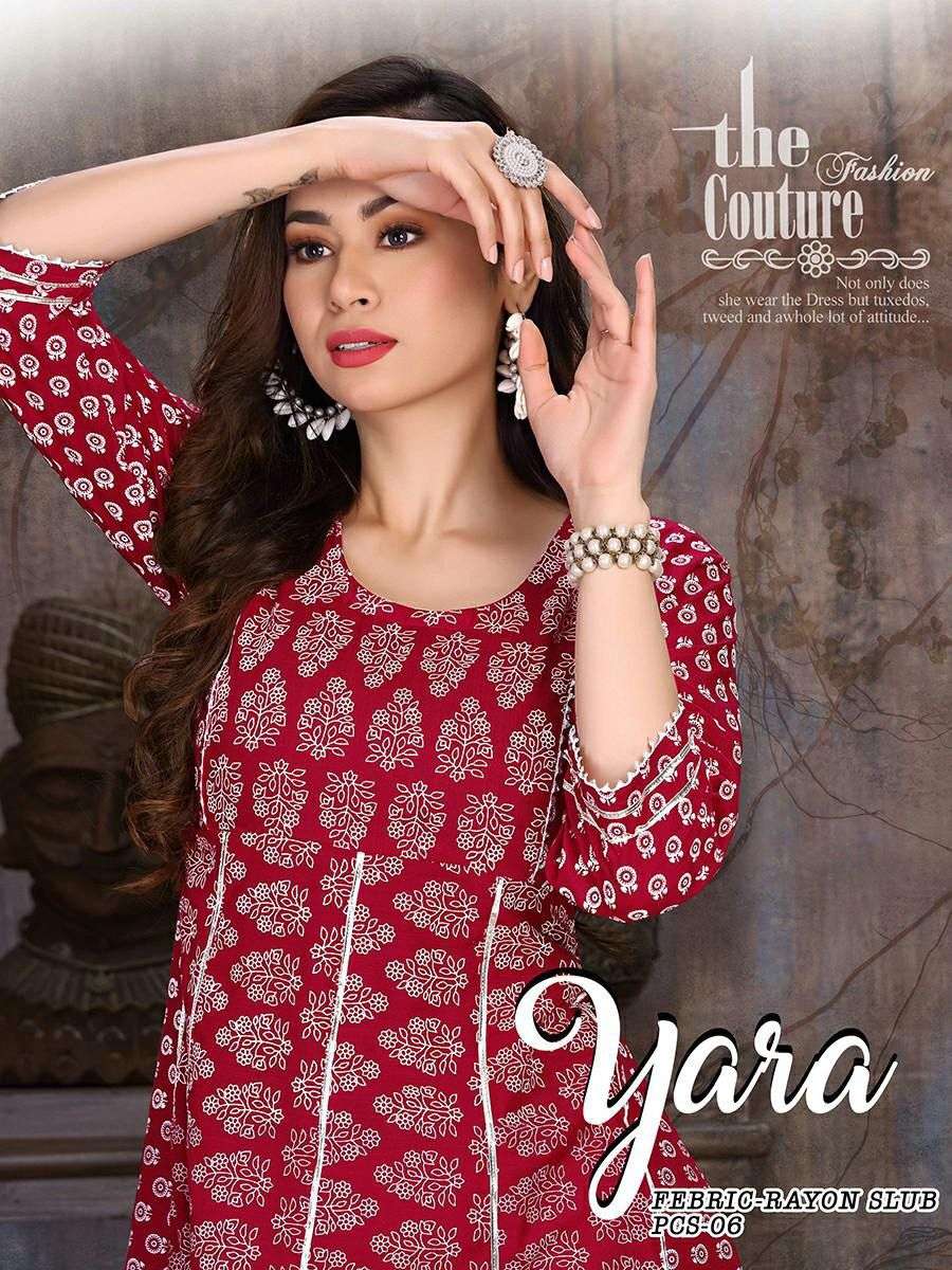 YARA BY S3FOREVER BRAND HEAVY RAYON SLUB PRINT WITH LACE WORK FROCK STYLE KURTI WHOLESALE AND DEALER