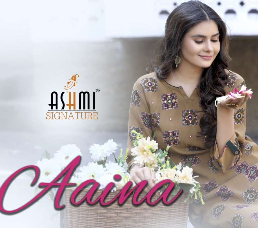 AAINA BY ASHMI BRAND VISCOSE CHANDERI FANCY PRINT WITH MIRROR WORK STRAIGHT KURTI WHOLESALER AND DEA...