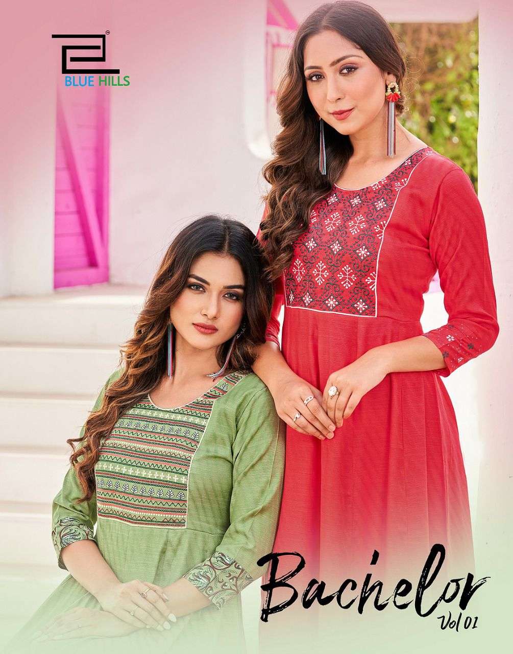 BACHELOR VOL 1 BY BLUE HILLS BRAND 14KG RAYON EMBROIDERY WORK FOIL PRINT LONG GOWN KURTI WHOLESALE A...