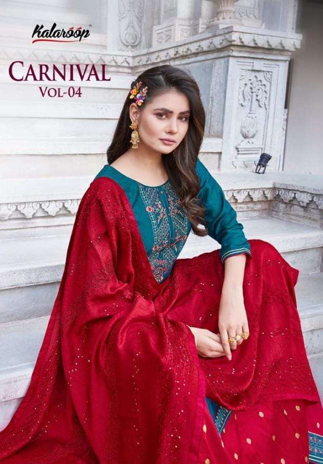 CARNIVAL VOL 4 BY KALAROOP BY KAJREE BRAND LINING SILK WITH FANCY NECK AND LESS WORK KURTI WITH COTT...