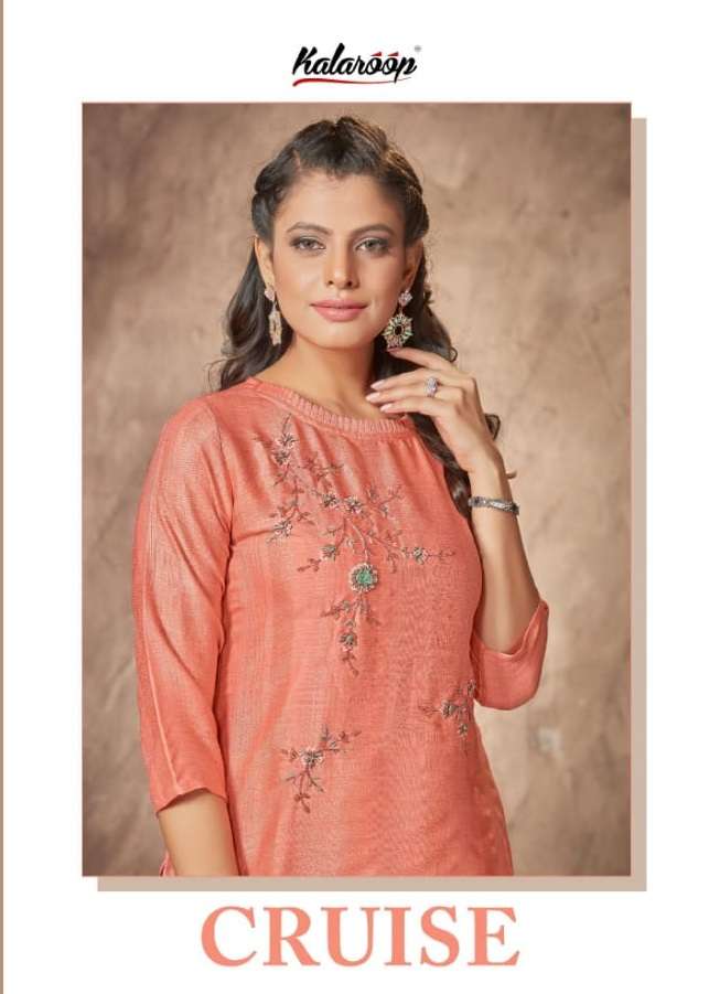 CRUISE BY KALAROOP BY KAJREE BRAND FANCY RAYON WITH KHATLI WORK STRIGHT KURTI WHOLESALER AND DEALER