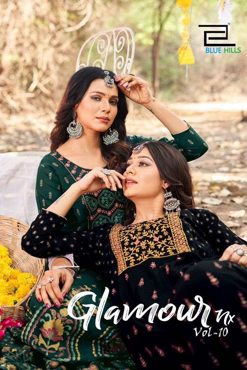 GLAMOUR VOL 10NX BY BLUE HILLS BRAND 14KG RAYON PRINT WITH EMBROIDERY WORK GOWN LONG KURTI WHOLESALE...