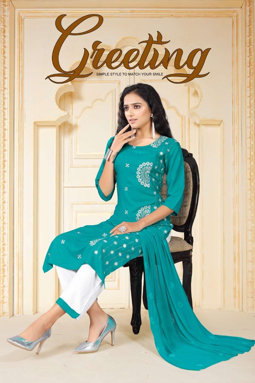 GREETINGS BY S3FOREVER BRAND 14KG RAYON HEAVY EMBROIDERY WORK KURTI WITH RAYON PANT AND FANCY DUPATT...