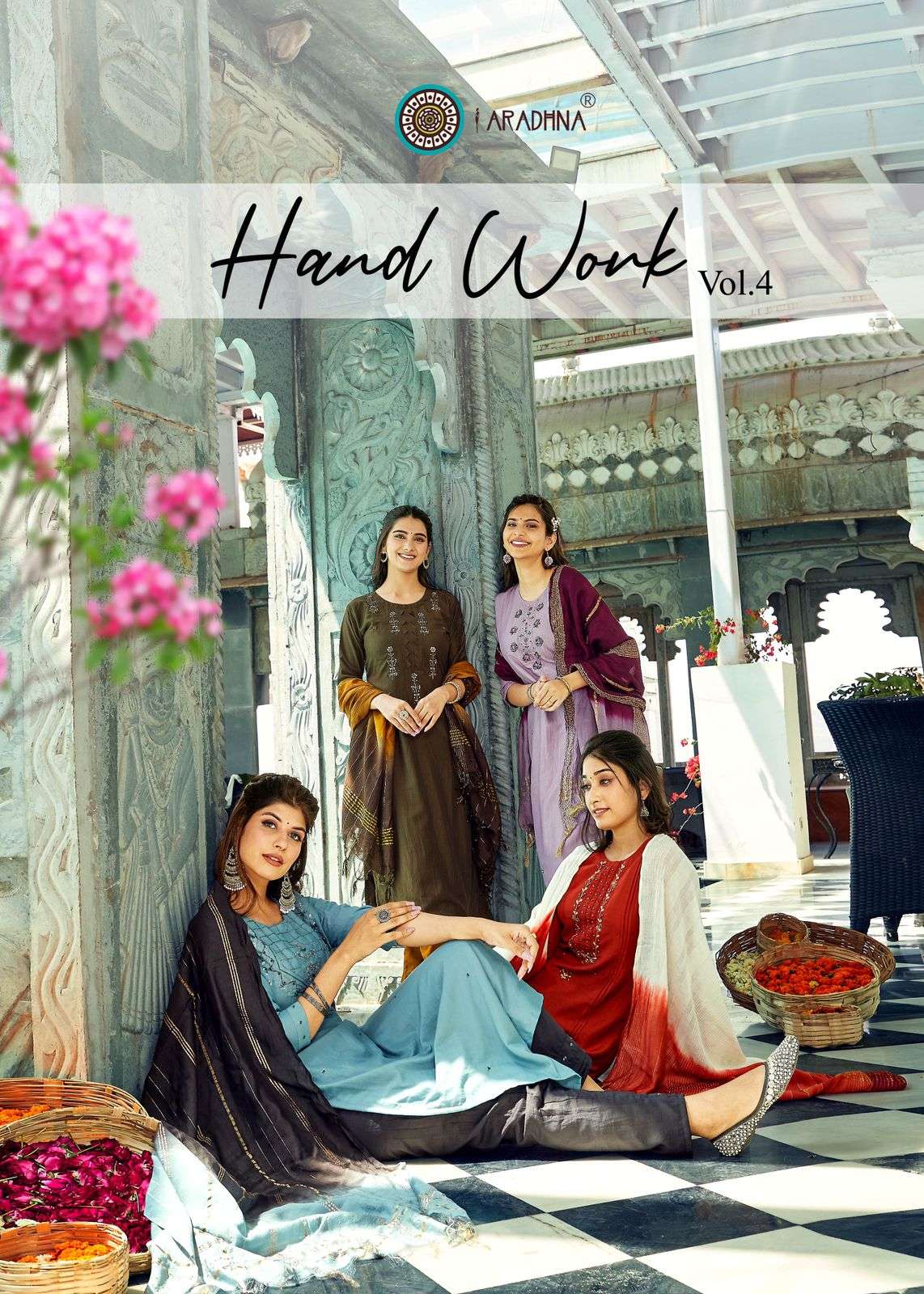 HANDWORK VOL 4 BY ARADHNA BRAND SILK HANDWORK KURTI WITH COTTON PANT AND DOUBLE COLOUR BANARASI DUPA...