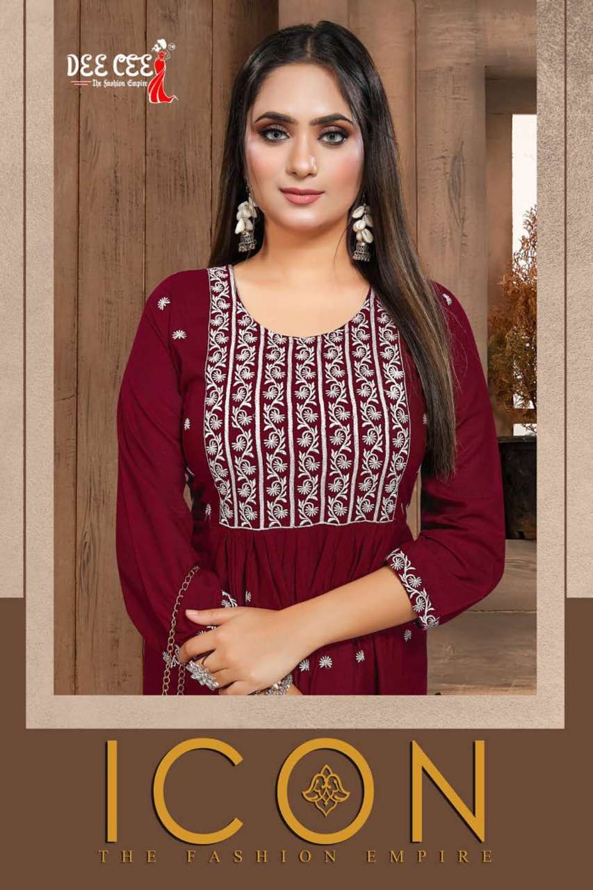 ICON BY DEECEE BRAND RAYON PLAIN EMBROIDERY WORK PLEATED FROCK STYLE KURTI WHOLESALER AND DEALER